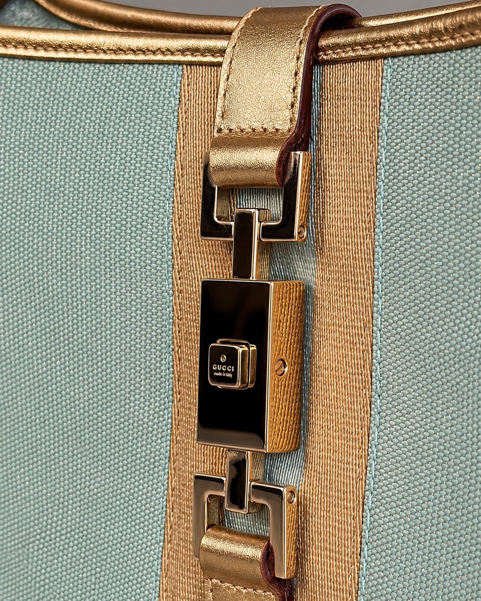 Gucci Jackie O Hobo Tom Ford 1999 in Turquoise Metallic Canvas & Gold Leather