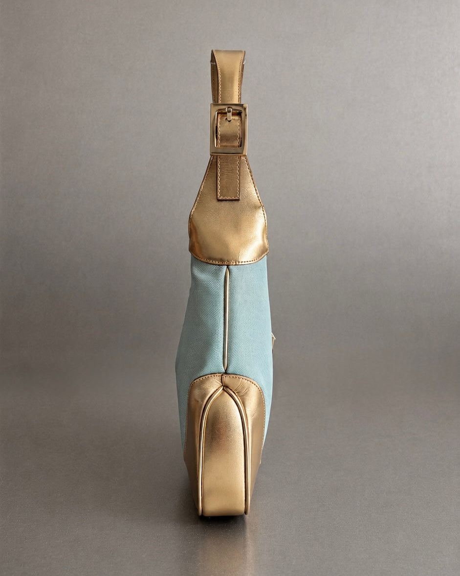 Gucci Jackie O Hobo Tom Ford 1999 in Turquoise Metallic Canvas & Gold Leather